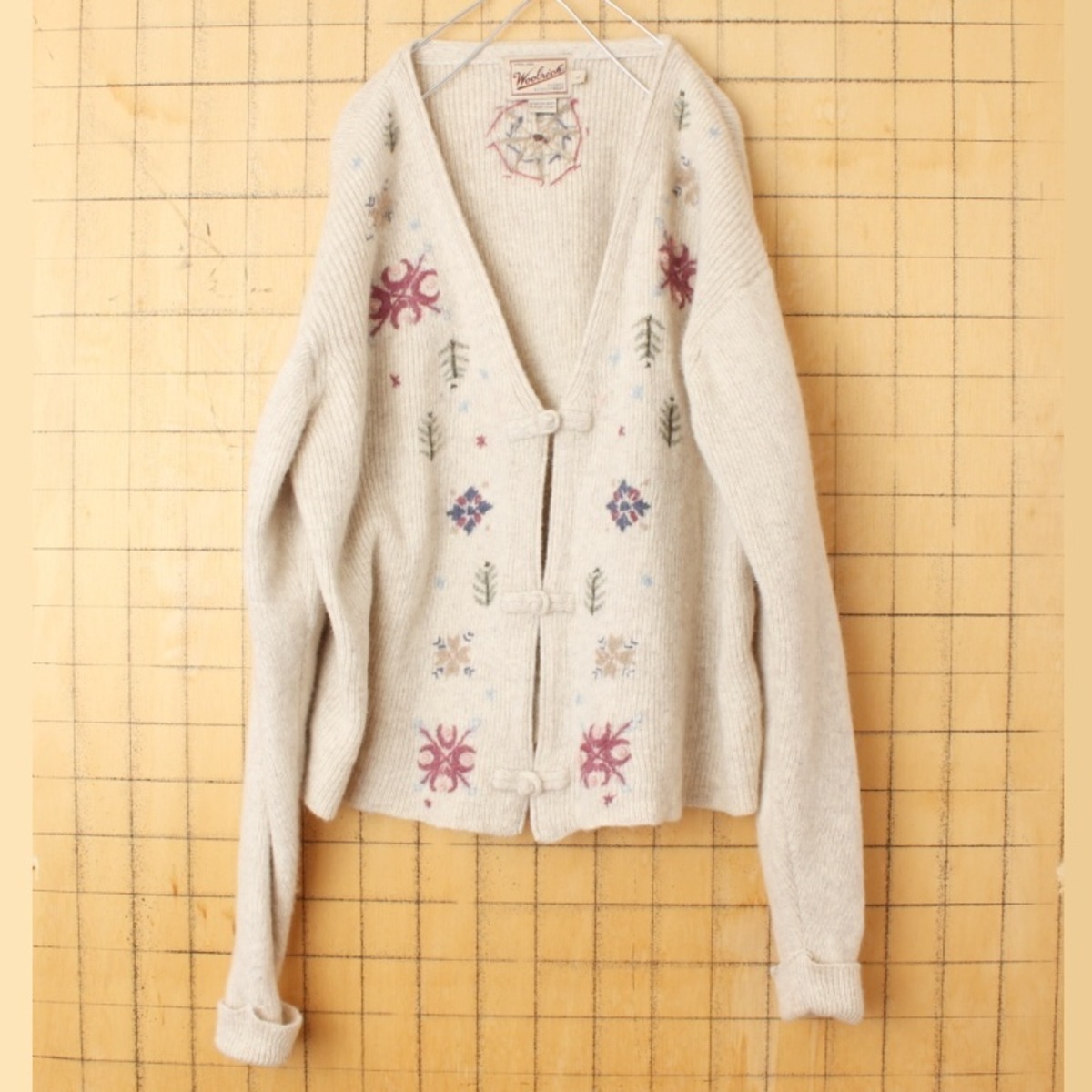 90s USA Woolrich ウールリッチ 刺繍 ウール ニット カーディガン 