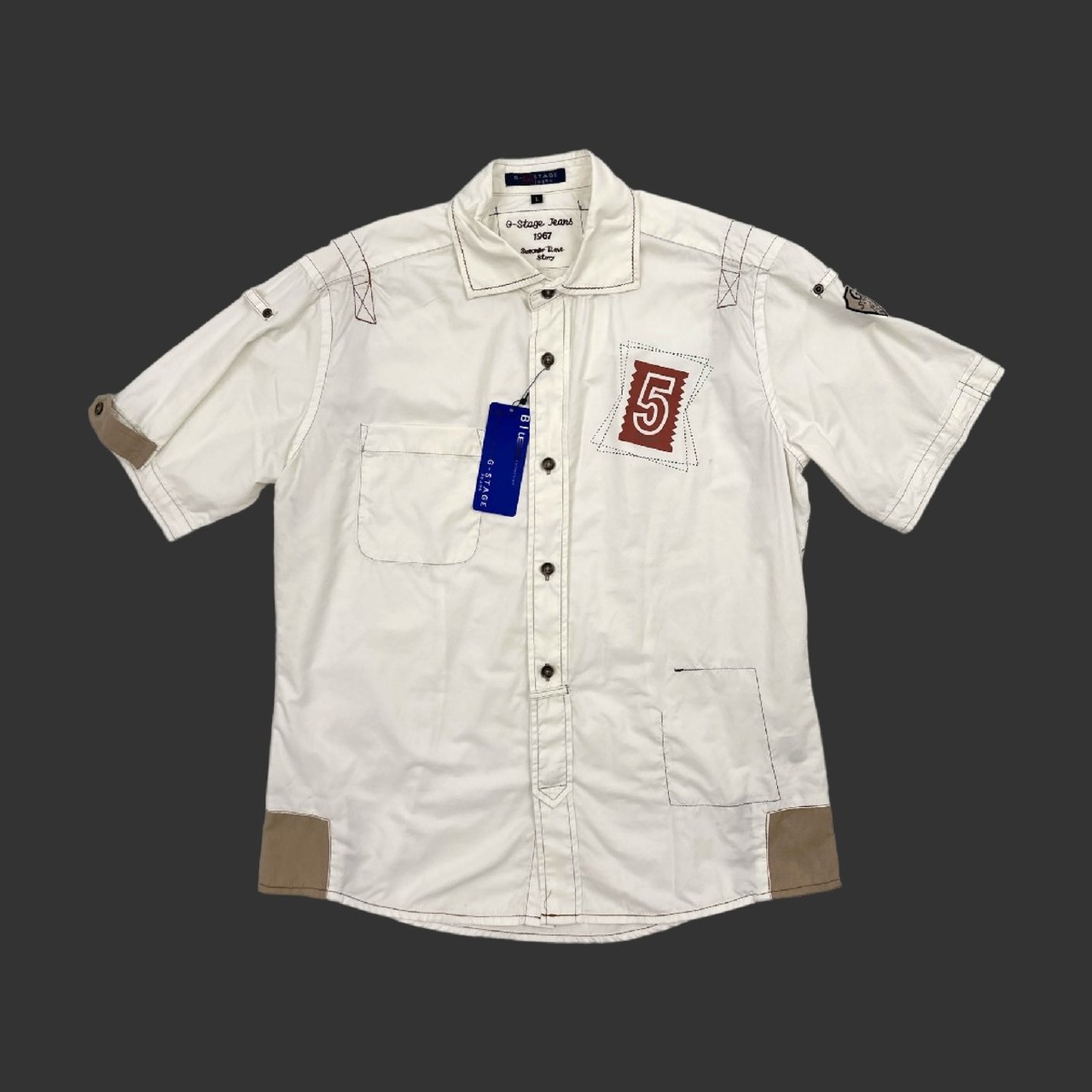 タグ付き/未使用品◆G-STAGE ジーステージ プリント デザイン コットン&ナイロン 半袖シャツ Lサイズ /メンズ/白/ホワイト