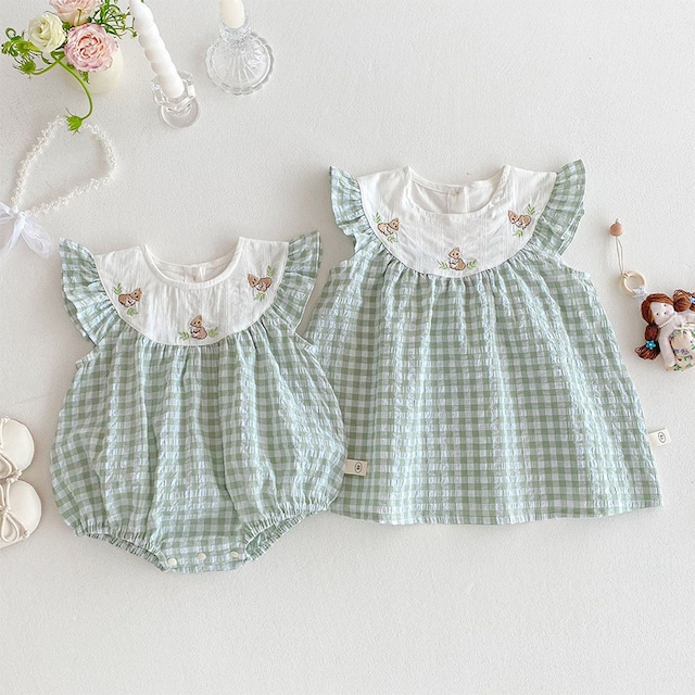 【BABY&KID】夏作チェック柄ウサギ刺しゅうロンパースORワンピース