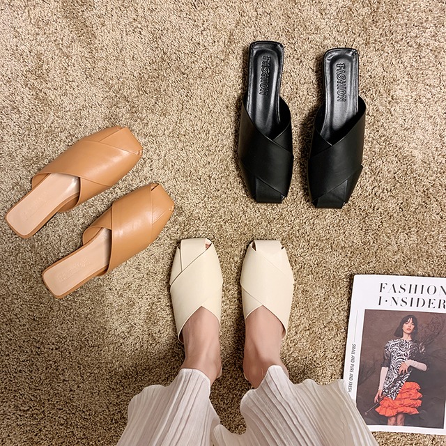 ins潮スリッパ2020年夏の新しいスクエアヘッドフラットボトム包頭ハーフスリッパハーフケア秋摩耗ミュラーシューズ 部族の婦人靴2883755