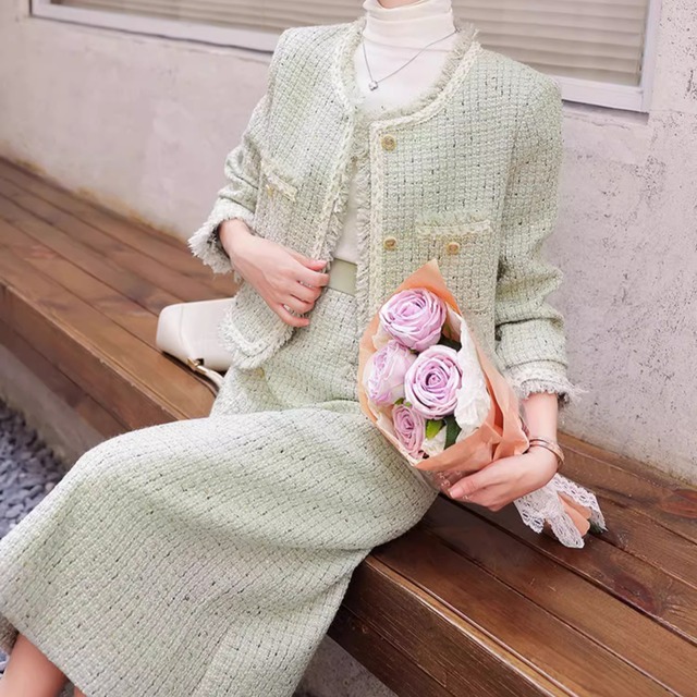 パステルグリーン ツイード ジャケット セットアップ