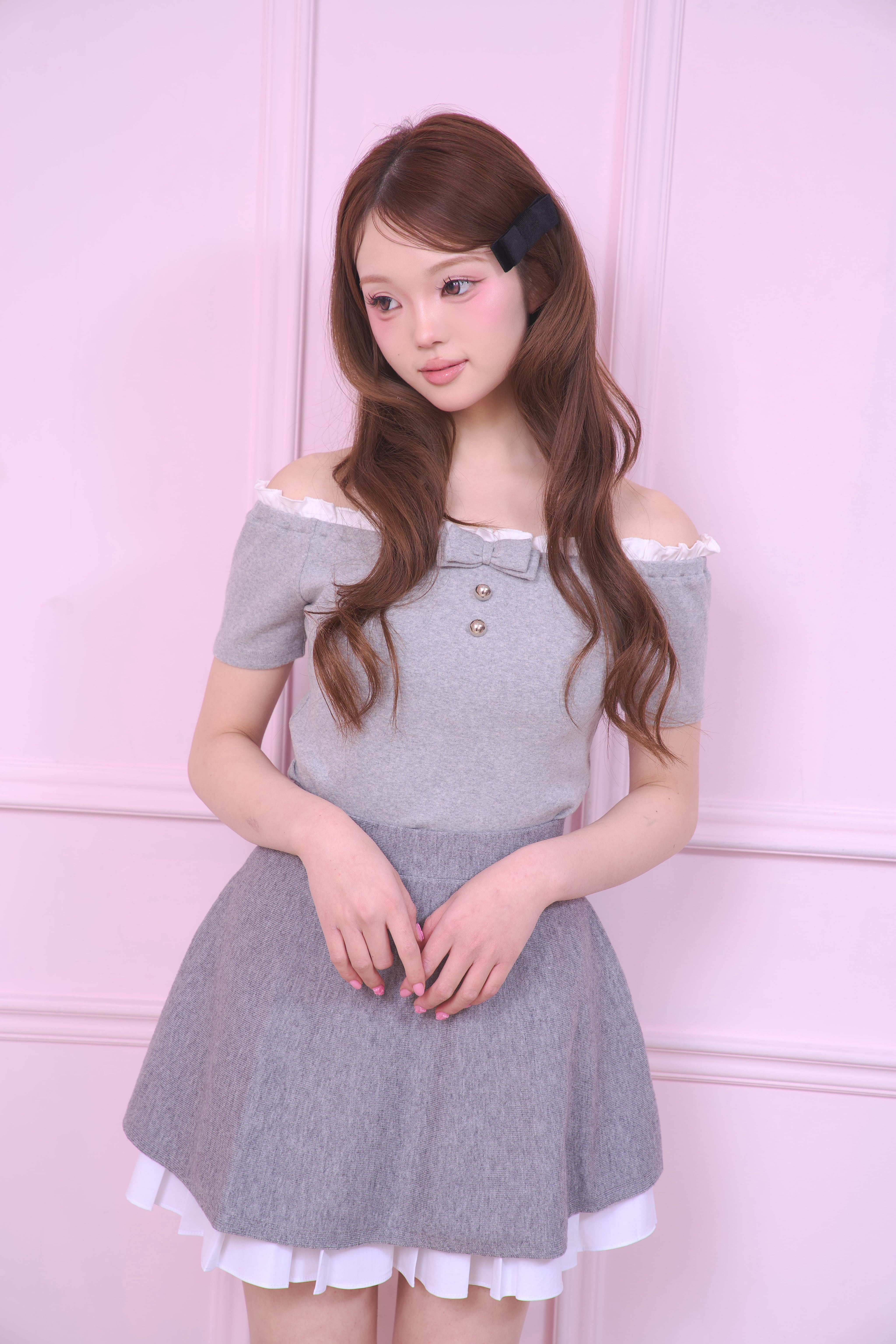 frill off shoulder ribbon tops〈gray〉 | PRIMAVELY