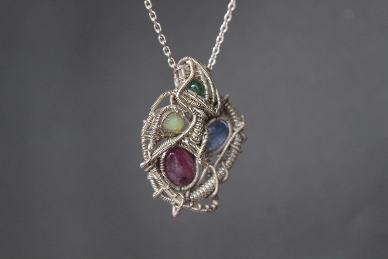 Ruby Kyanite Opal Emerald silver925 wirewrapping pendant