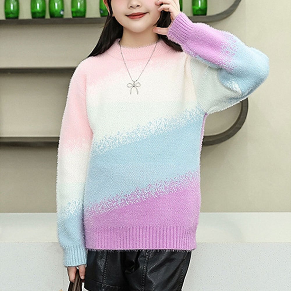 【送料無料】 子供服 女の子 キッズ 小学生 ニット セーター 長袖 グラデーション カラフル 韓国 春秋 おしゃれ かわいい カジュアル ゆったり 通学 厚手 暖かい 大人可愛い 大人女子
