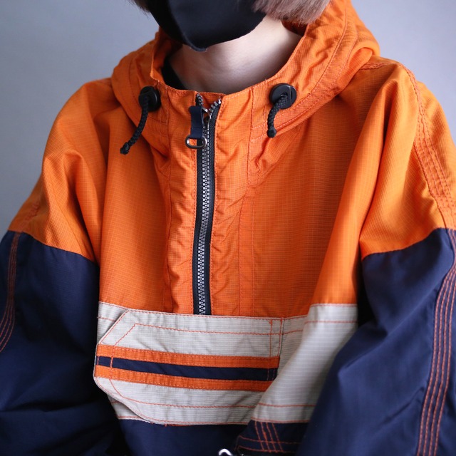 good coloring switch and orange stitch work design over size anorak parka