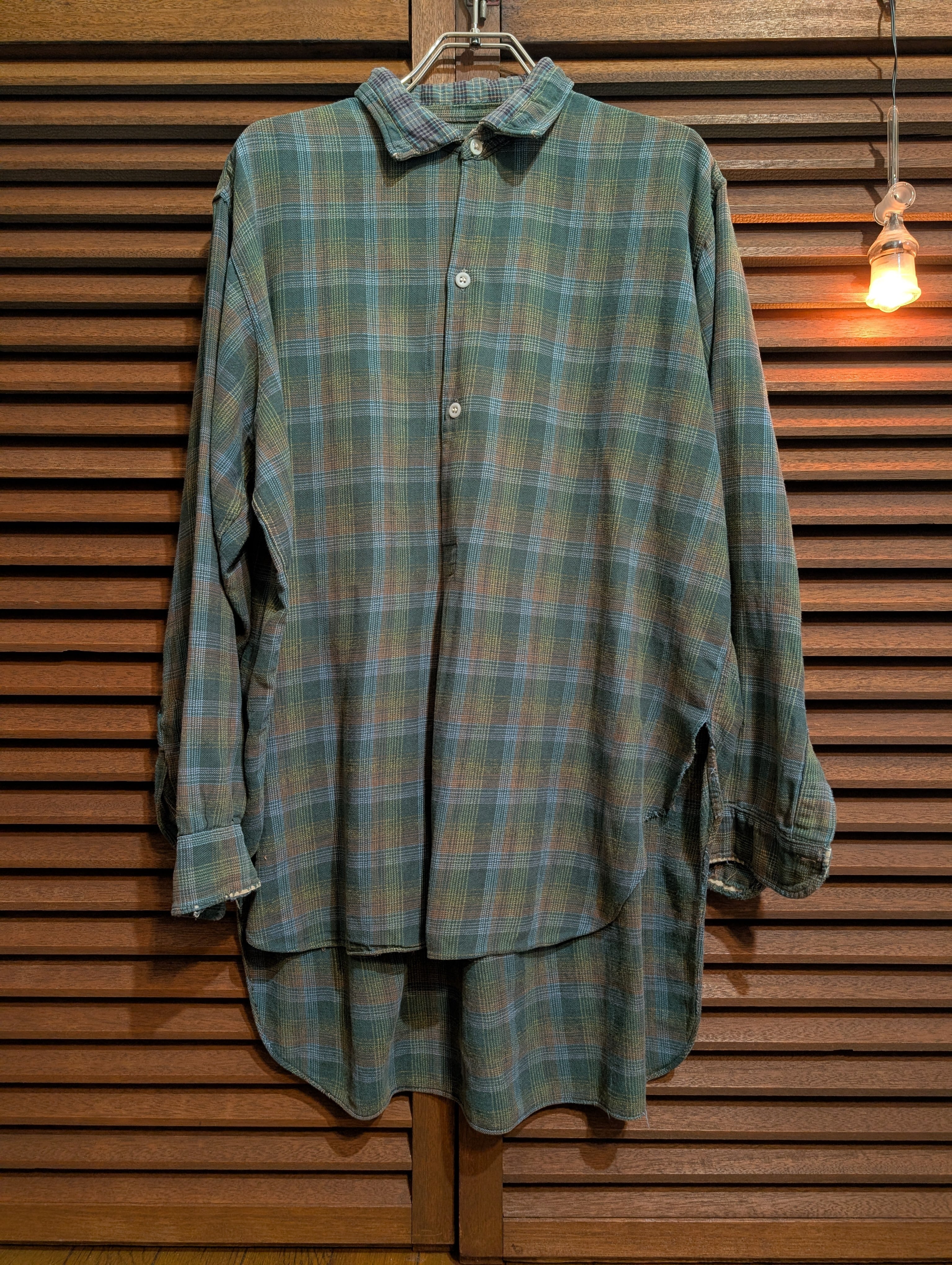 50-60s France Granpa Shirt Green Orange Check