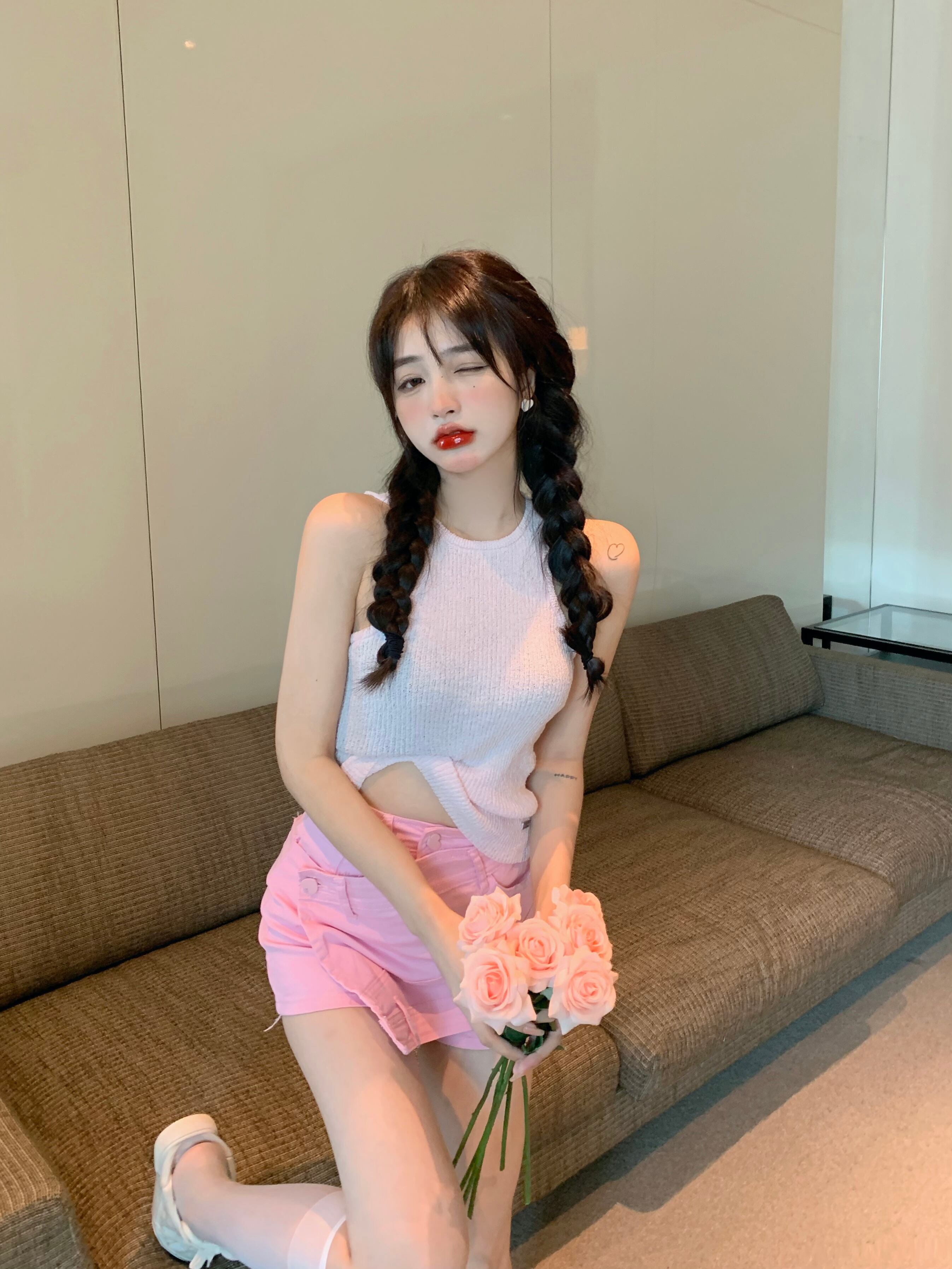 ニットサマーショート薄手ジャケット ピンク 夏物 ピュア ブラックストロベリース68680147575