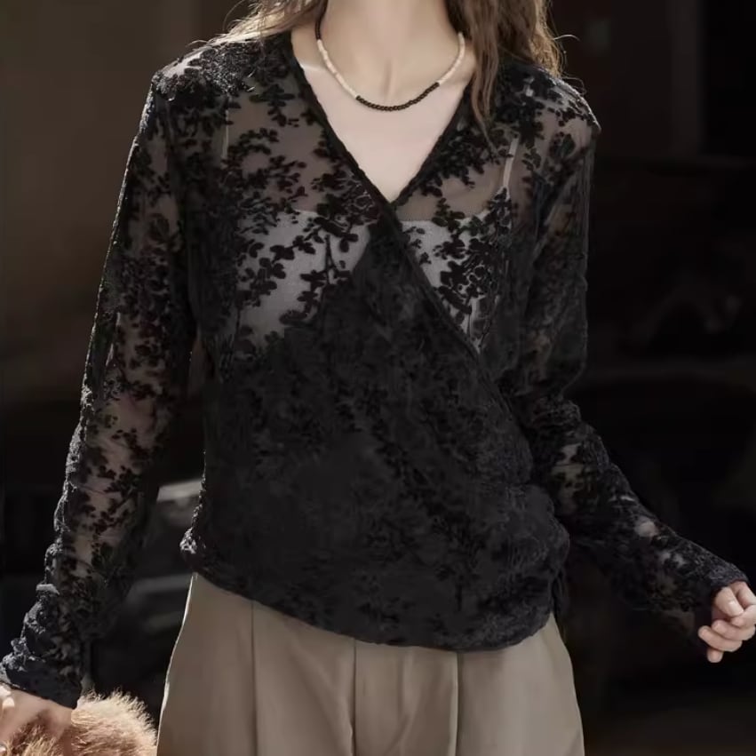 トップス sjy forksy.】配色ステッチ シアー Gジャン風 クロップド丈シャツ forksy