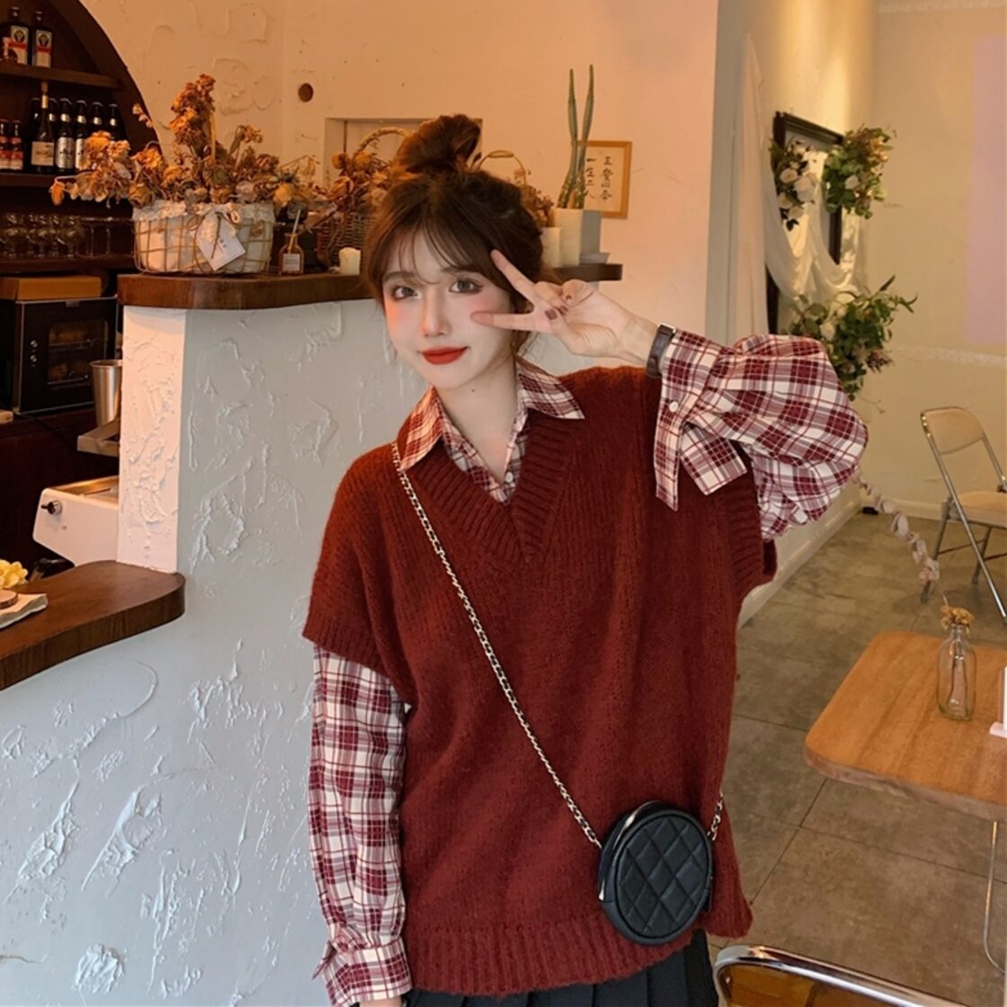 ルーズVネックレッド 赤ニットスタンダード格子柄 チェックシャツ 