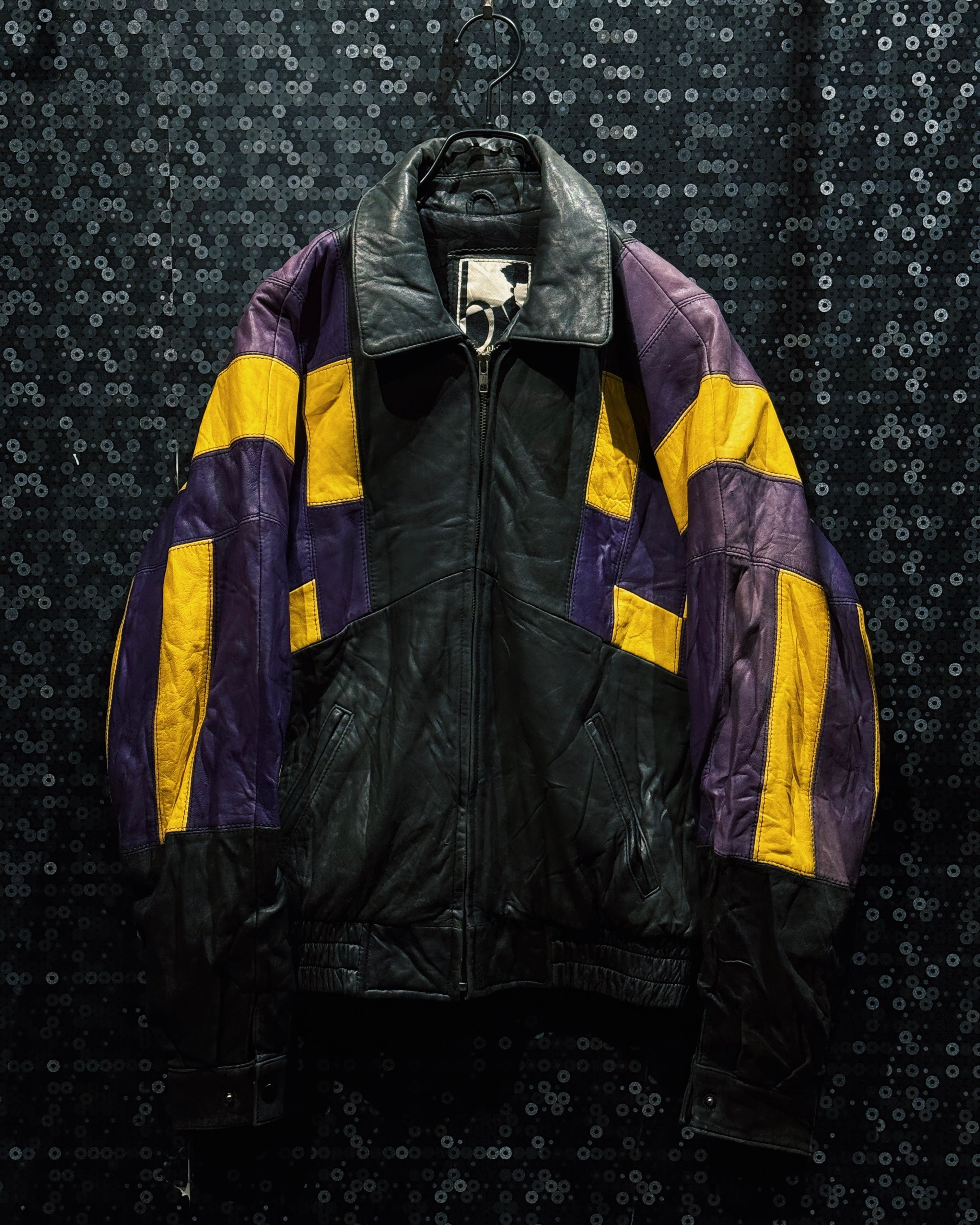【ÆIEM】"Bellavia Color"vintage Block Leather Jacket – Black × Purple × Yellow