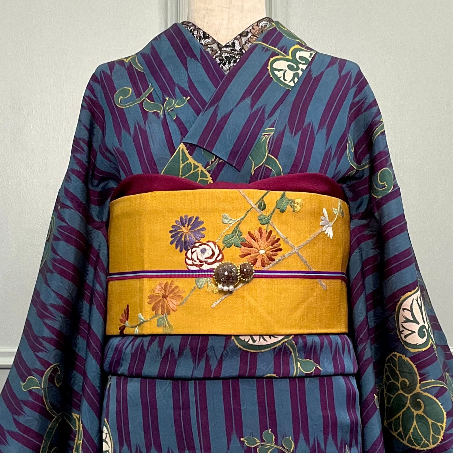 陽だまりの小菊＊刺繍 竹格子 山吹色 芥子 辛子 マスタード イエロー