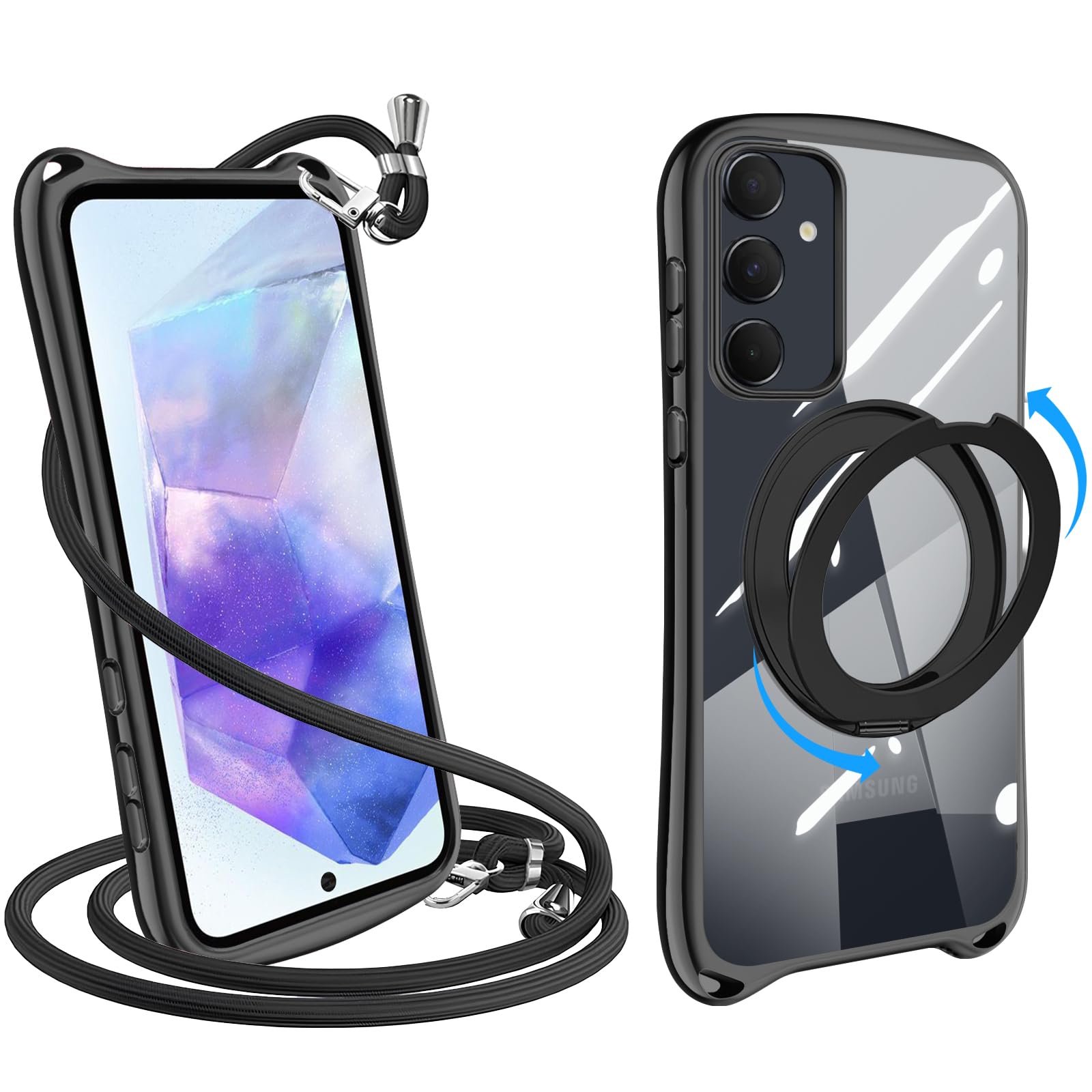 Galaxy A55 5G 用の ケース ショルダー リング付き クリア ストラップ付き【360°回転スタンド・縦横両対応】SC-53E SCG27 スマホケース カバー 耐衝撃 透明 TPU 肩掛け 首掛け 取り外し可能 長さ調整可能 スタンド機能付き 金属ボタン(ブラック)