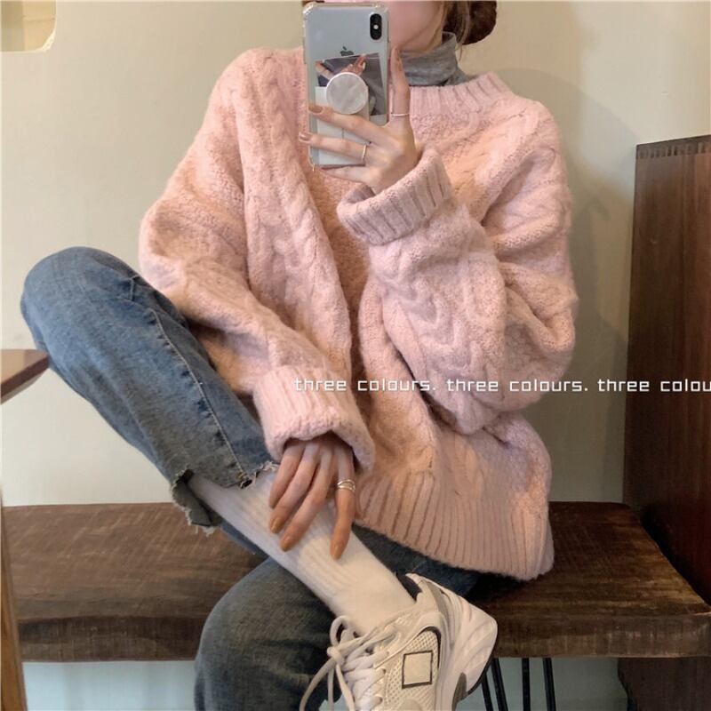 セーター ジャカードルーズラウンドネックプルオーバー コート オータムニットカジュアルトップス 秋物 Oネック ブラックストロベリース89912523039