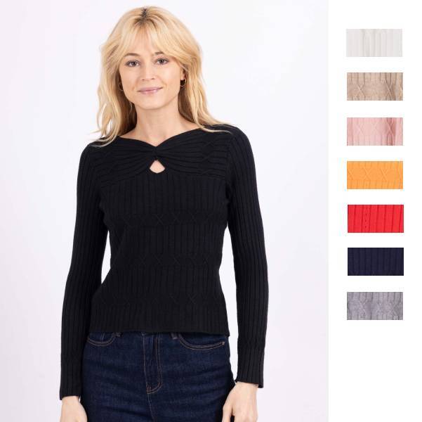 カシミア混 リボン風×胸元ホールデザインニットトップス 8色展開