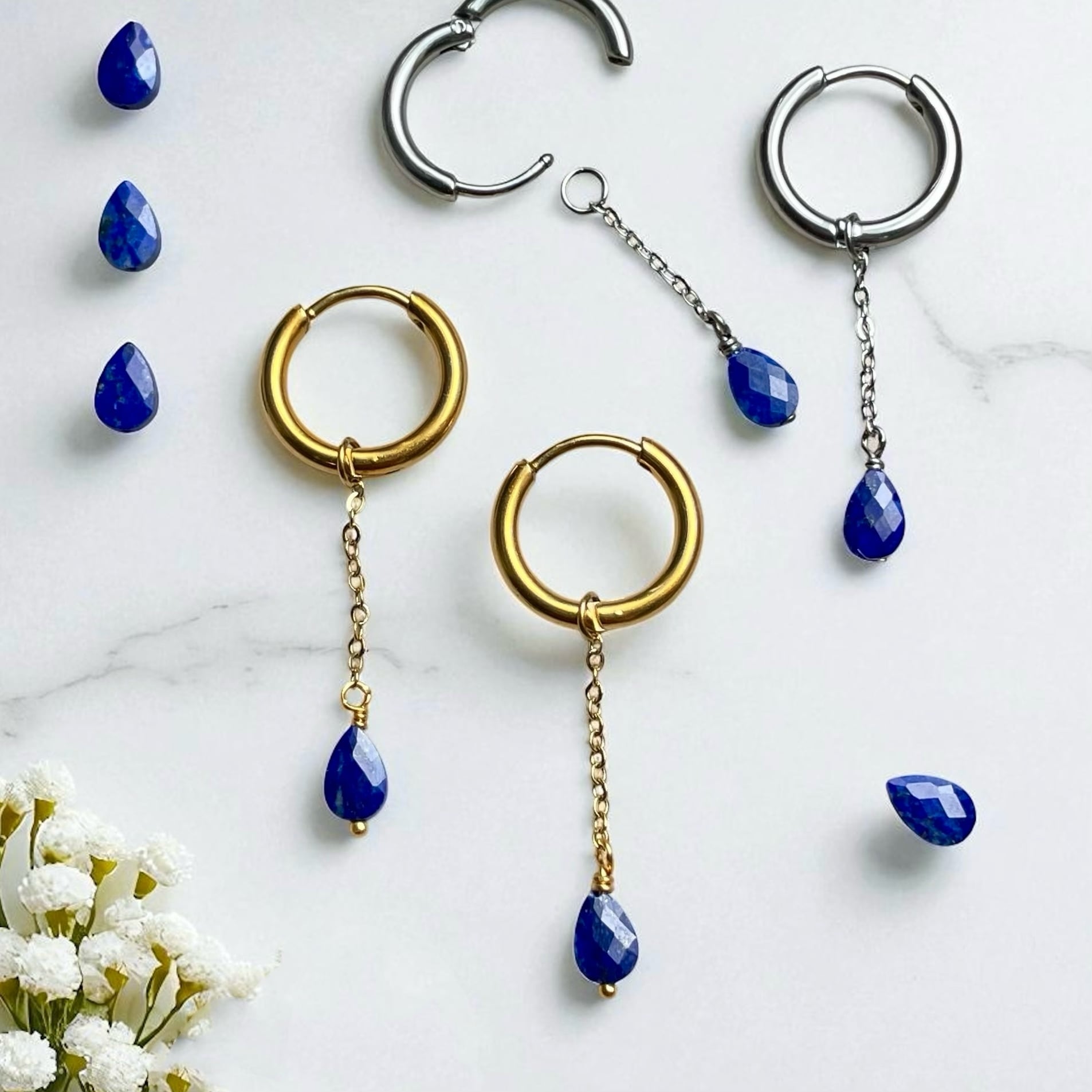 3way】選べるピアス◇アレンジ自由自在◇雫 ラピスラズリ ピアス/金属