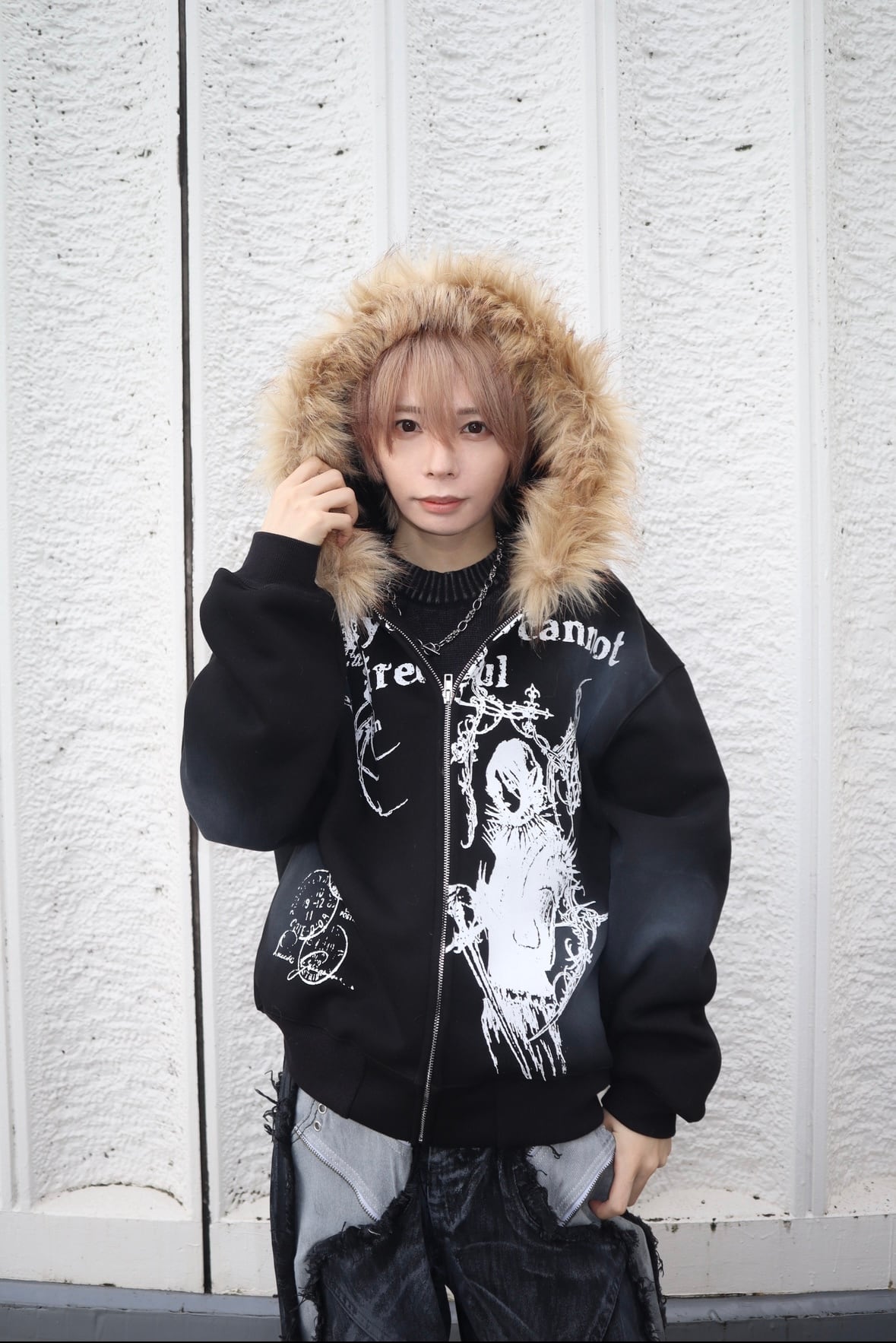 ガールグラフィックフードファーパーカー グランジ サブカル Y2K