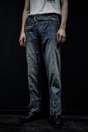 【WEAPON VINTAGE】Belt × Eyelet Design Fade Denim Pants