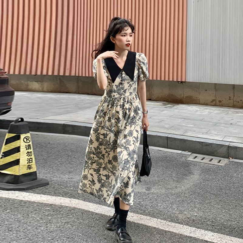 スリーブフローラルドレス サマーロングスカート 夏物 花柄 スーパーモール92623159827