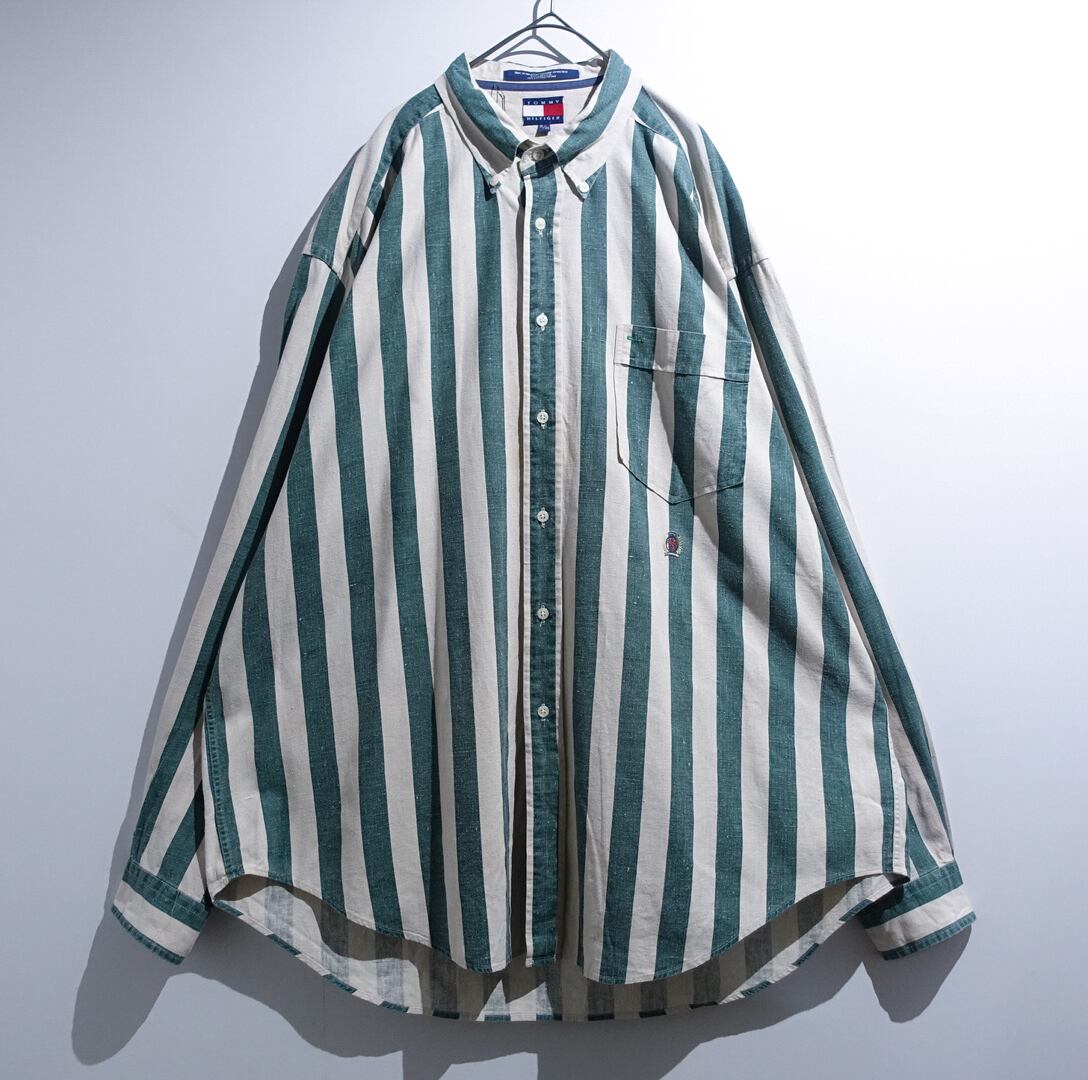 90s "TOMMY HILFIGER" Green & Ivory Logo Stripe Linen Shirt