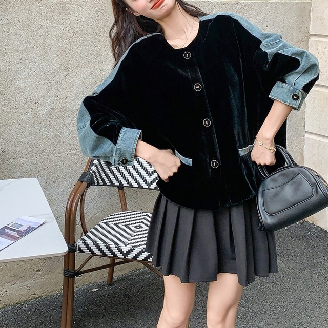 Denim patchwork velvet jacket S1832