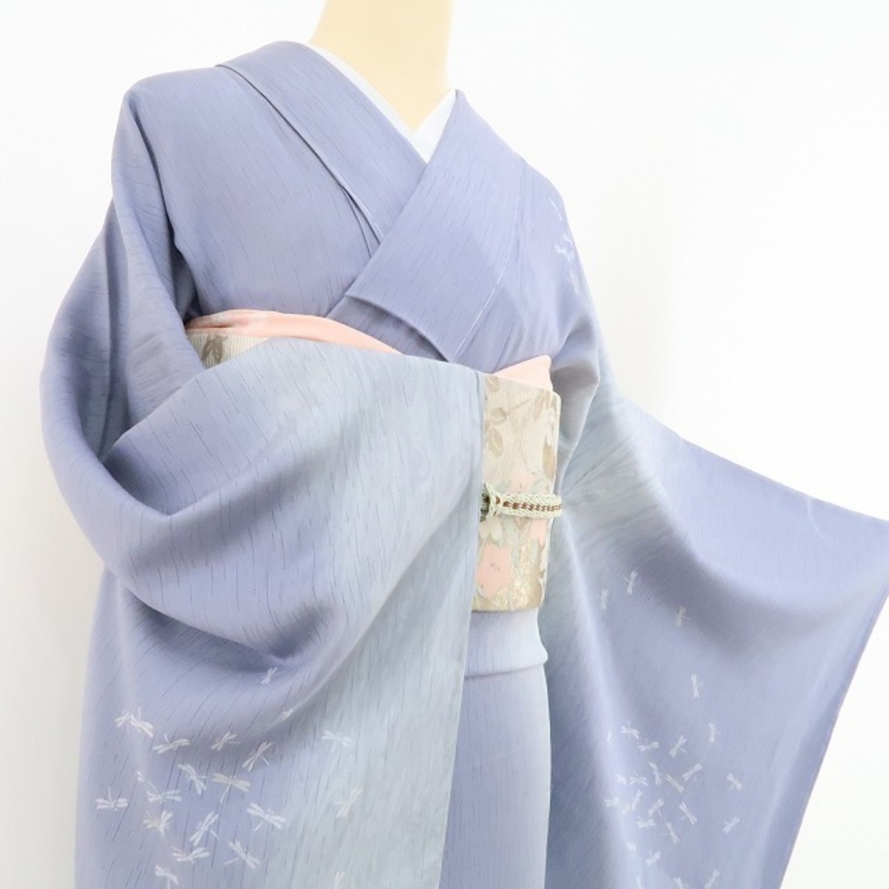 新品 変則縦絽 蜻蛉 墨流し 夏着物 仕付け糸付“淡い雲間が覗く夏空に 