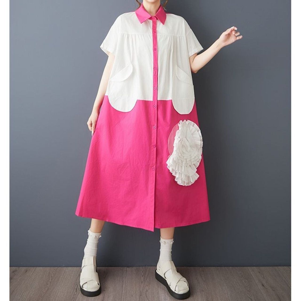 フリルフラワー装飾 シャツワンピース 30199