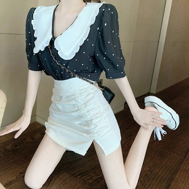 カラーブラック水玉シャツ スカート 薄手Aライン ハンチェンe11023691404