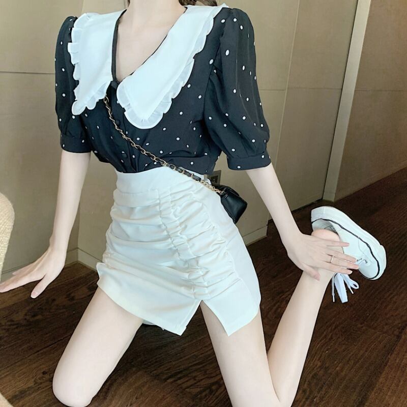 カラーブラック水玉シャツ スカート 薄手Aライン ハンチェンe11023691404