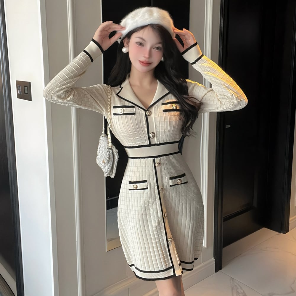 【2色】ミニドレス キャバドレス ツイード風 ニット 長袖 着痩せ バイカラー エレガント 小柄向け デート 女子会 JC2-DD5603