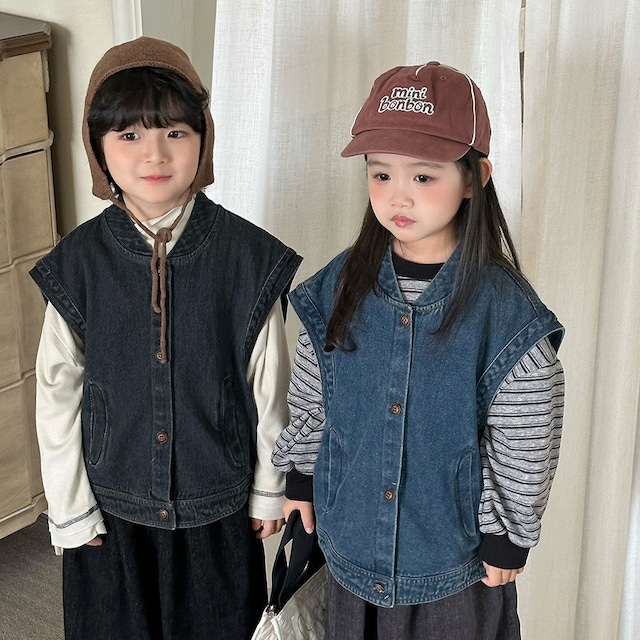 ビッグシルエットデニムベスト（2色展開）JIAY｜アウター 羽織り｜小学生 ジュニア対応｜通学 普段着｜韓国子供服｜男の子 女の子｜80-140cm｜2026秋服 ［取寄］