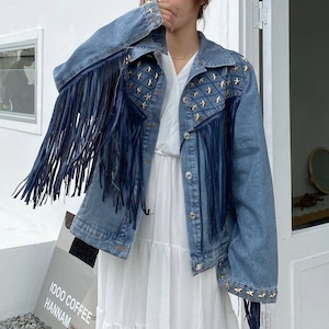 STAR STUDDED FRINGE DETAIL RELAXED FIT JACKET M-18688