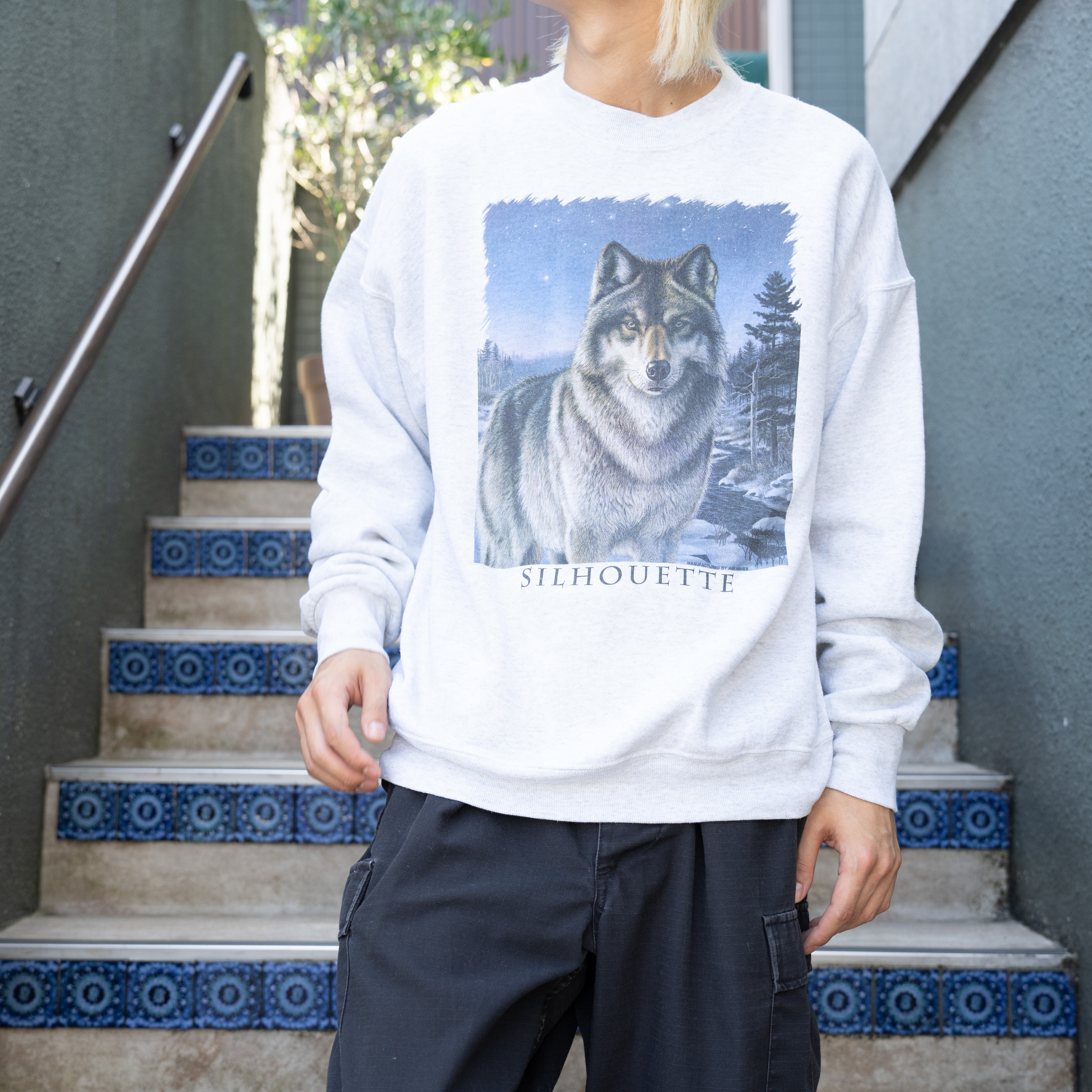 USA VINTAGE FRUIT OF THE LOOM WOLF PRINT DESIGN SWEAT SHIRT