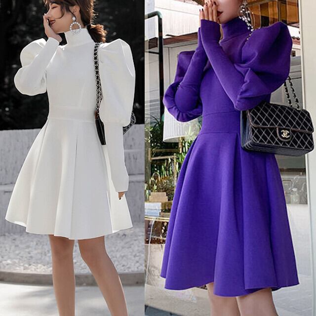全2色 パープル/ホワイト レディース ワンピースドレス ハイネック パフスリーブ ボリューム袖 フレアスカート 膝丈 長袖 S/M/L/XL