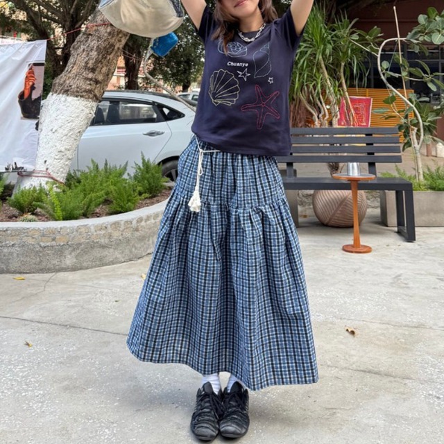 checkered pattern tiered long skirt　チェック柄ティアードロングスカート　J2072