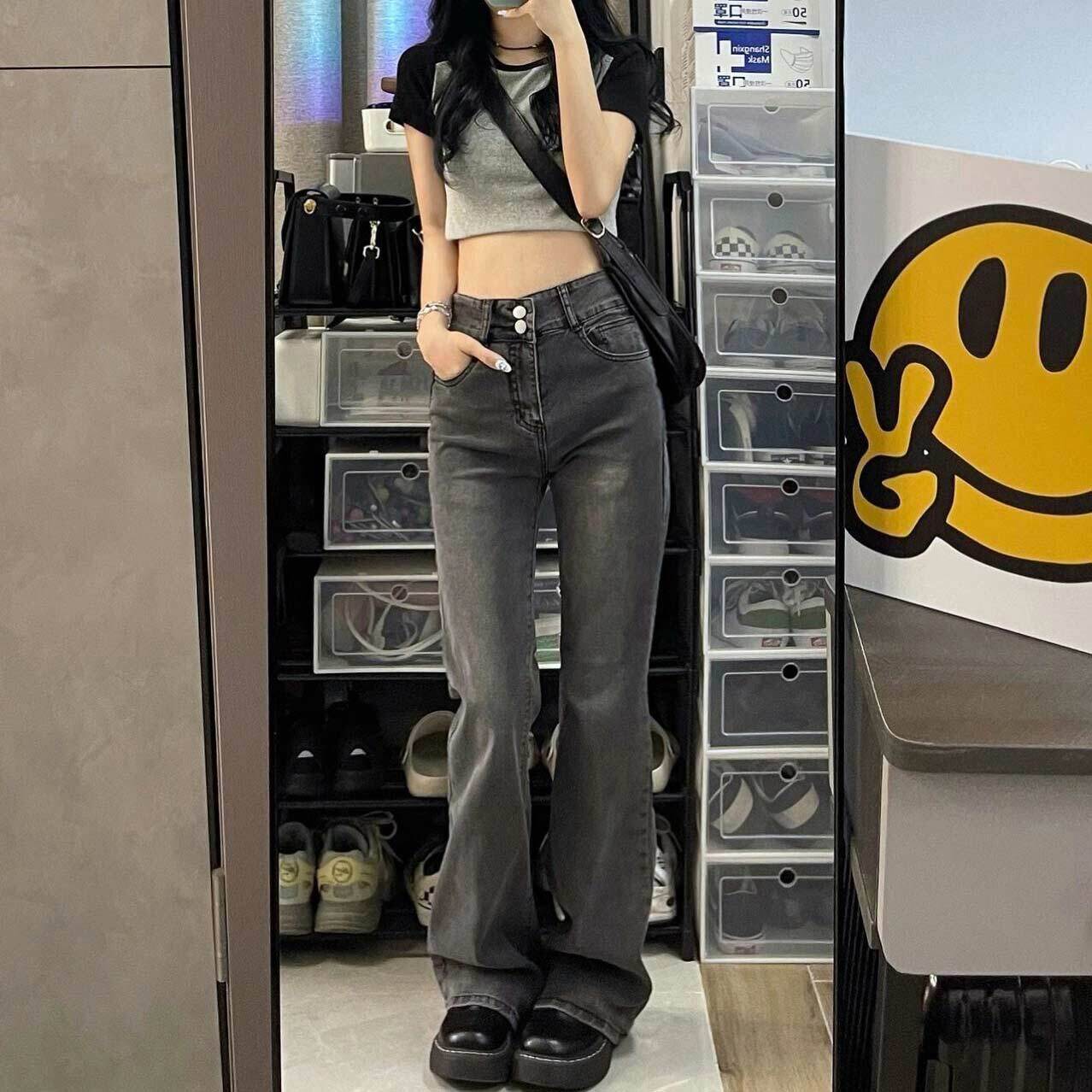 韓国通販 dgo】ハイウエストマイクロフレアジーンズ ブラックグレー