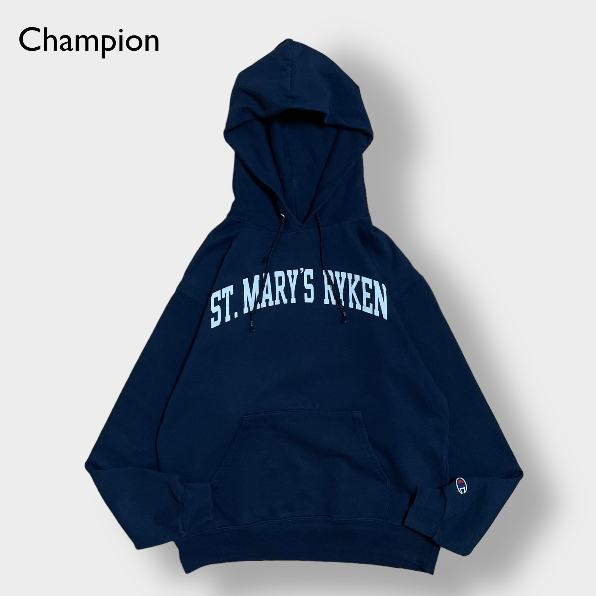 champion 高校 プリント アーチロゴ パーカー プルオーバー スウェット フーディー ネイビー セント・メアリーズ・ライケン M チャンピオン  us古着 | 古着屋手ぶらがbest powered by BASE