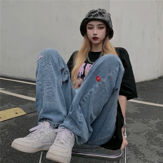 スタイルルーズジーンズ ハイウェストウェストカジュアルパンツ ケッペル94671845713