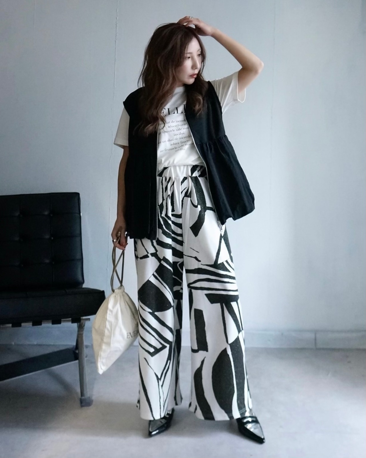 [Rose] mesh×leather triangle 3way  tote 巾着バッグ・メッシュショルダーバッグセット/White