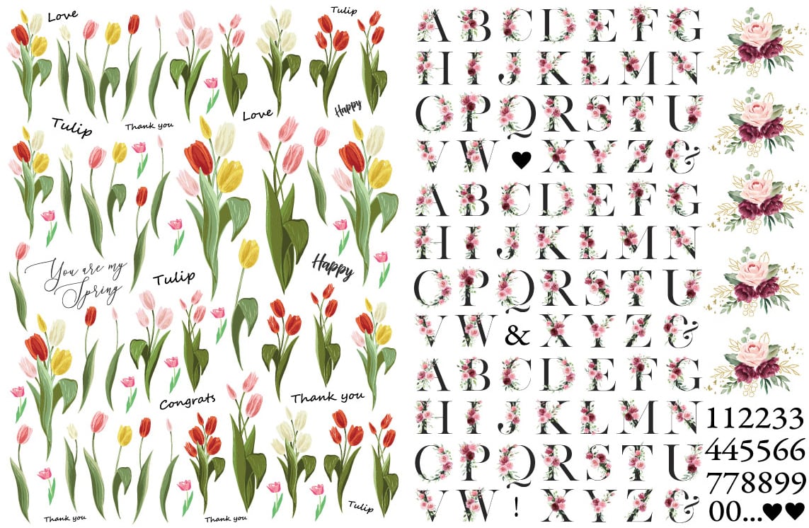 【set割引2枚セット カラフルチューリップ・ローズアルファベット転写紙 ポーセリンアート 花転写紙)