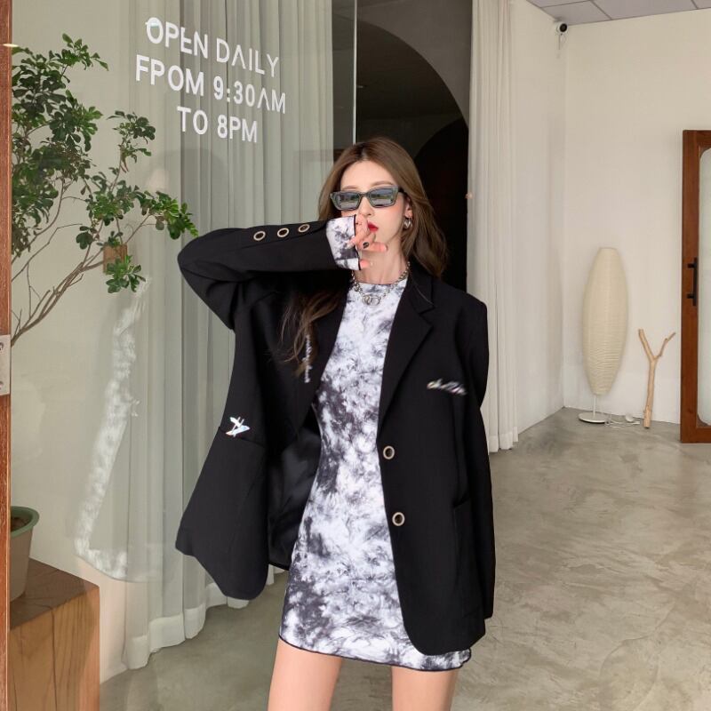 ジャケット ルーズスタイルロングカジュアルスプリングオータム ストリート 春物 秋物 ブラックストロベリース10644436766