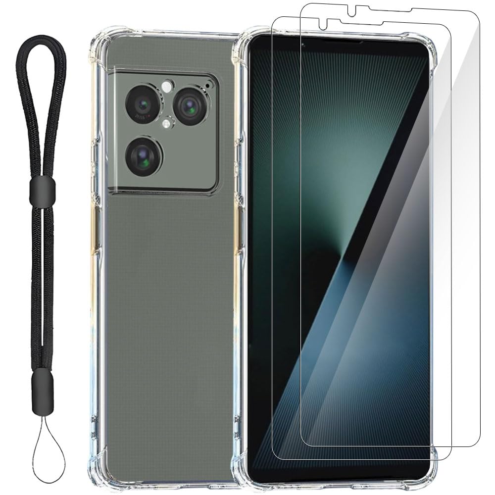 YCJDP ケース Xperia 1 VIII 用 ケース 透明 TPU 素材 黄変防止 + Xperia 1 VIII ガラスフィルム 2 枚 柔軟 耐指紋 撥油性 反射低減 飛散防止処理 耐衝撃薄型カバー 滑り止め 着脱簡単 調節可能なストラップ付き(2 枚ガラスフィルム + 1 枚カバー + 調整式ストラップ)