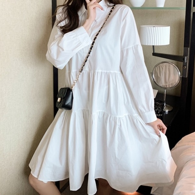 シャツワンピース 韓国 ファッション レディース ワンピ Aライン フレアワンピース 長袖 切り替え ギャザー 白 黒 春 ワンピ ミディ かわいい フェミニン カジュアル ガーリー シンプル ゆったり ワンピース Vestito