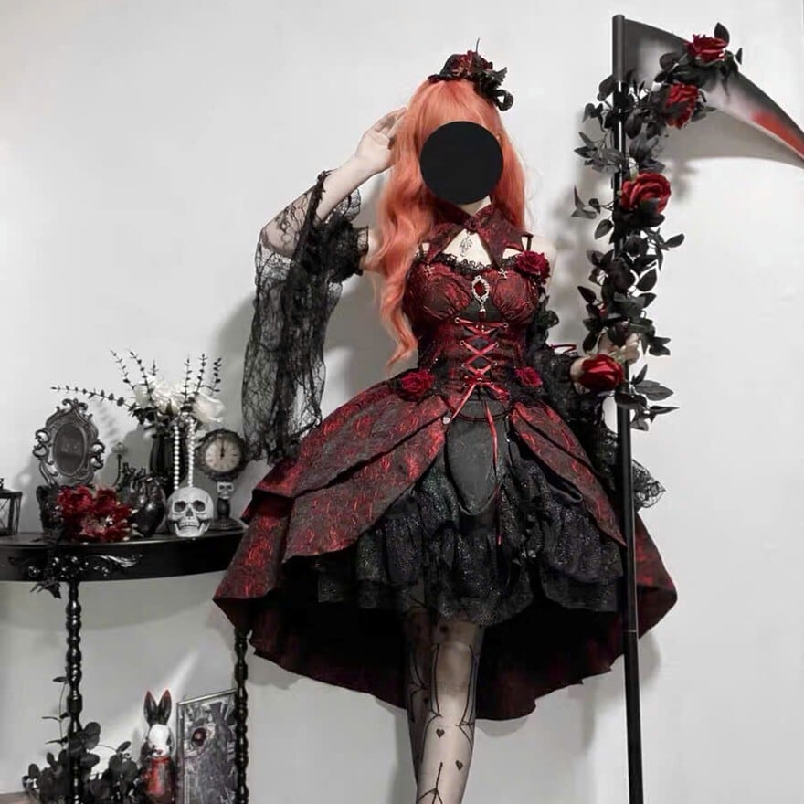 ゴスロリ ドレス コルセット風 レースアップ レイヤードスカート 撮影