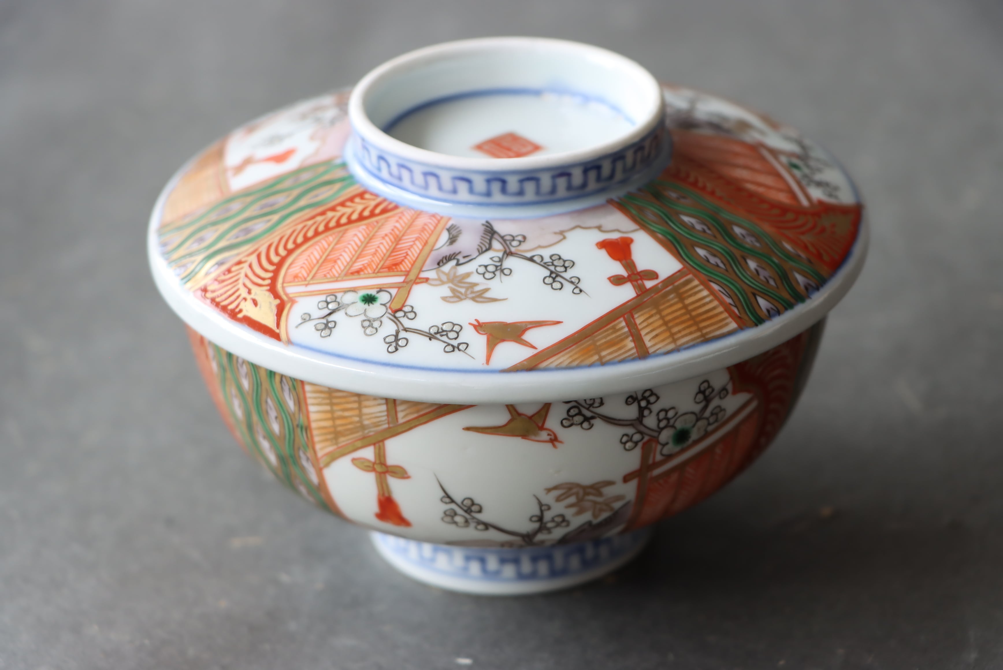 伊万里焼 色絵 花鳥文 蓋茶碗 大 通りもの/Imari covered bowl L | (有