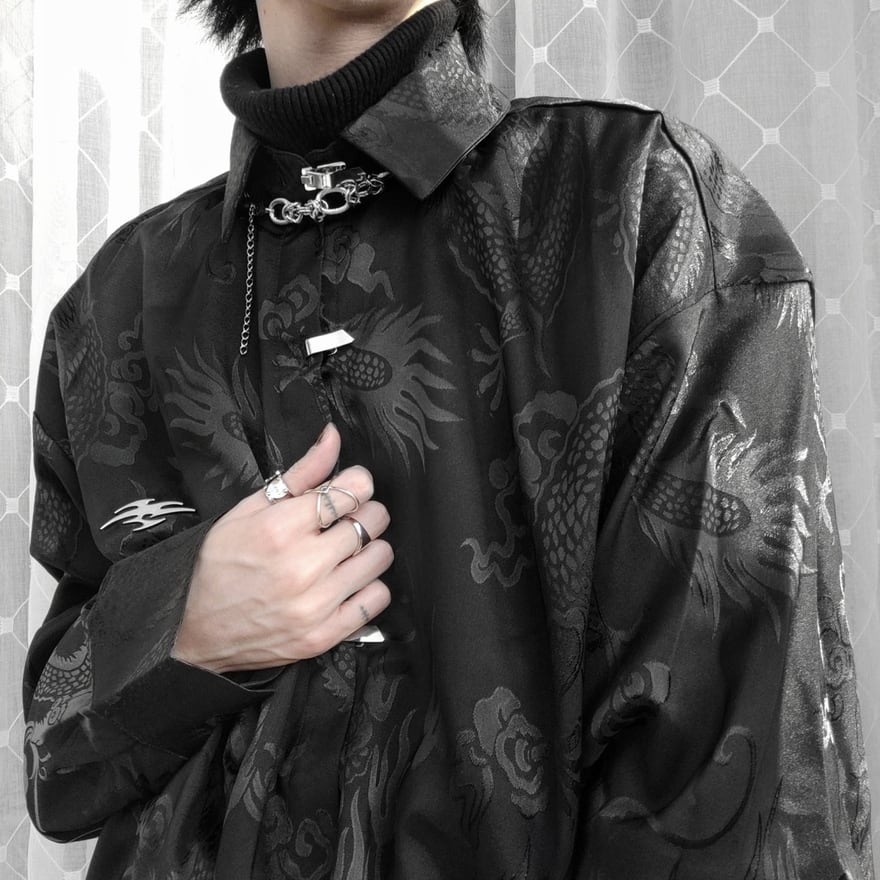サブカル 服 地雷系 通販 長袖シャツ ドラゴン柄 ユニセックス チャイナ風 漢服 光沢 シルキー 大人ゴシックチャイナ服