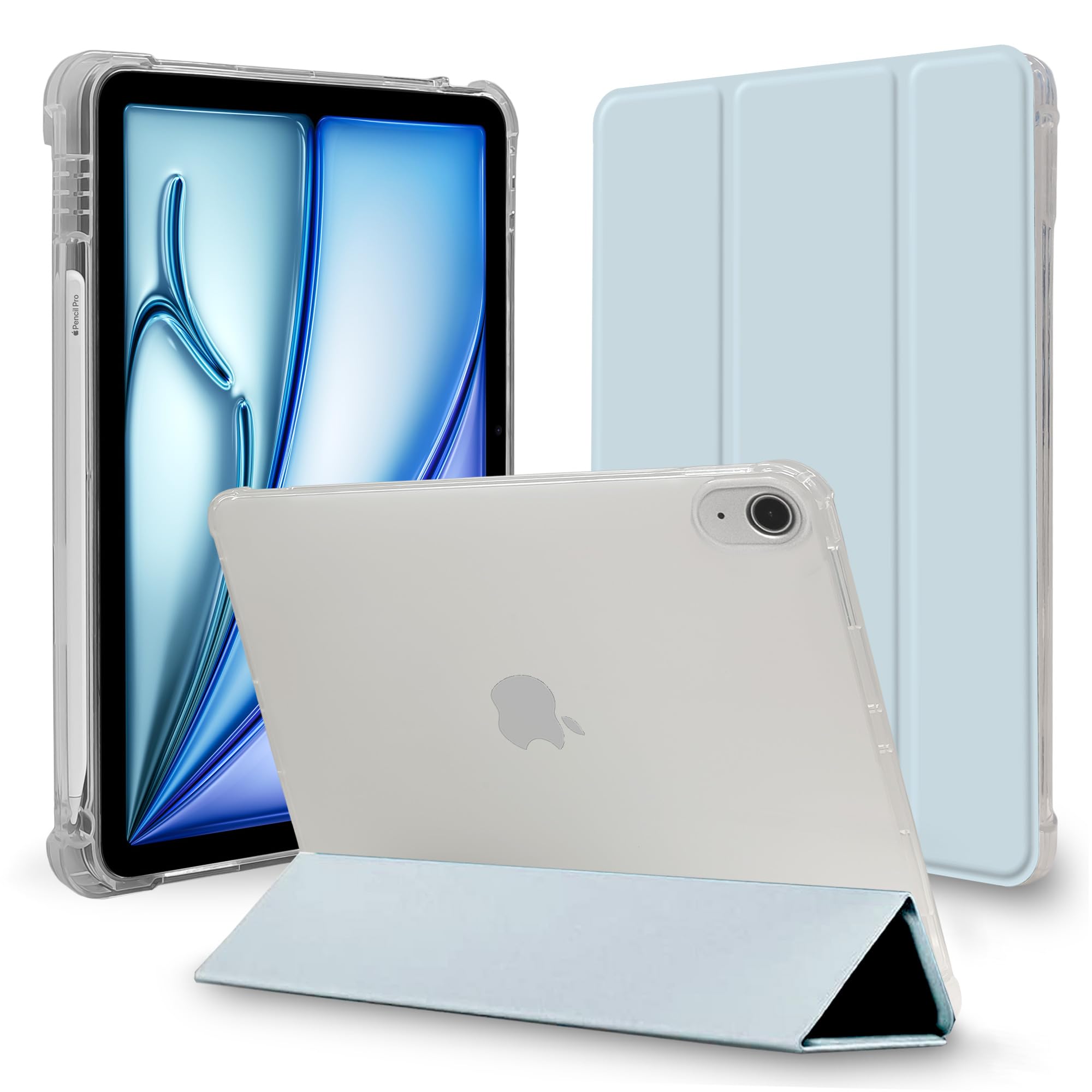 MS factory iPad Air 11インチ ケース M4 M3 M2 第5/4世代 用 カバー 耐衝撃 ペン収納 軽量 衝撃吸収 半透明 ソフトTPU アイパッドエアー 10.9インチ 第5世代 第4世代 アリス ブルー 水色 IPDA4-S-CLH-LSK