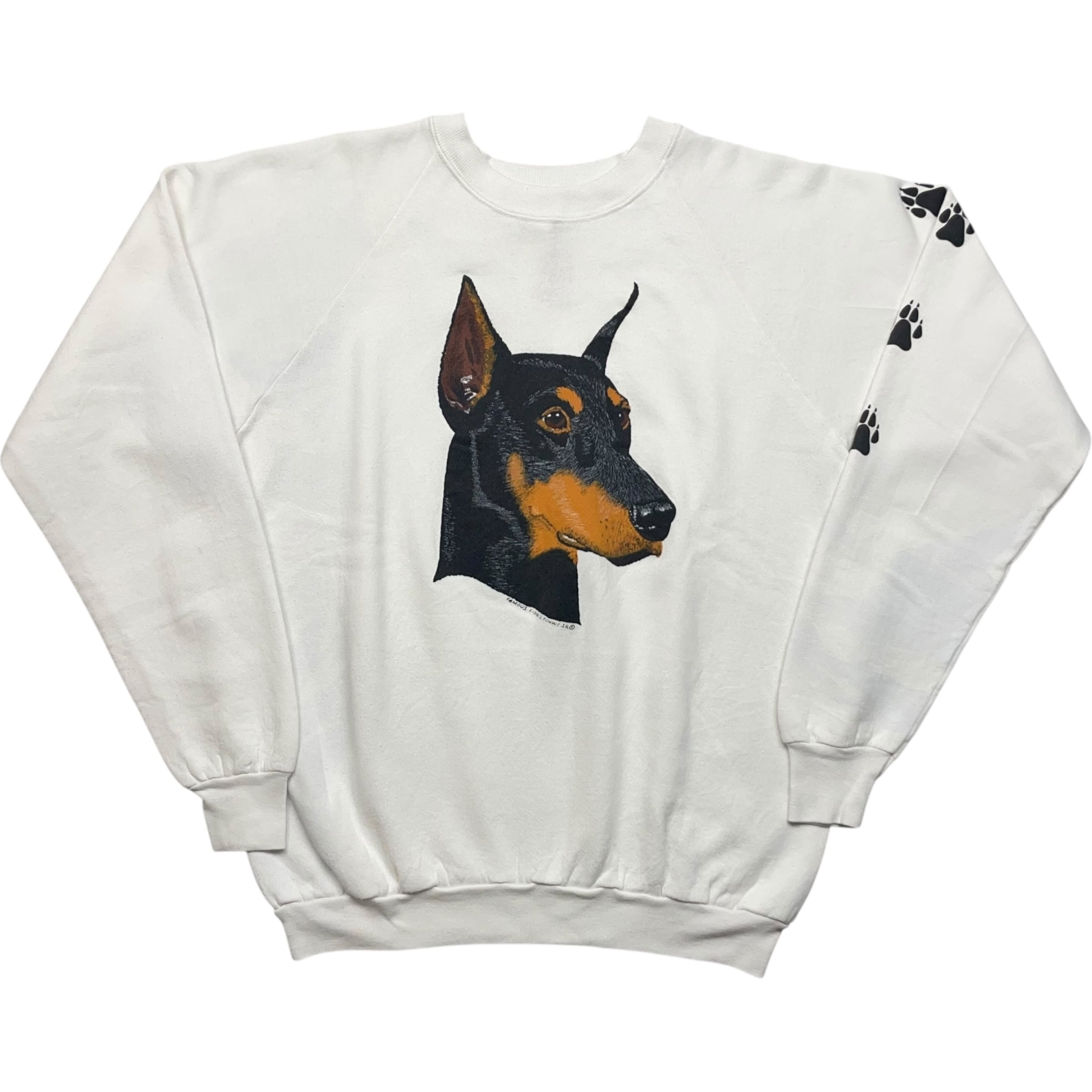 《L》 unknown スウェット ラグランスリーブ アニマルプリント 袖プリント ドーベルマン ホワイト 90年代 vintage no.9406
