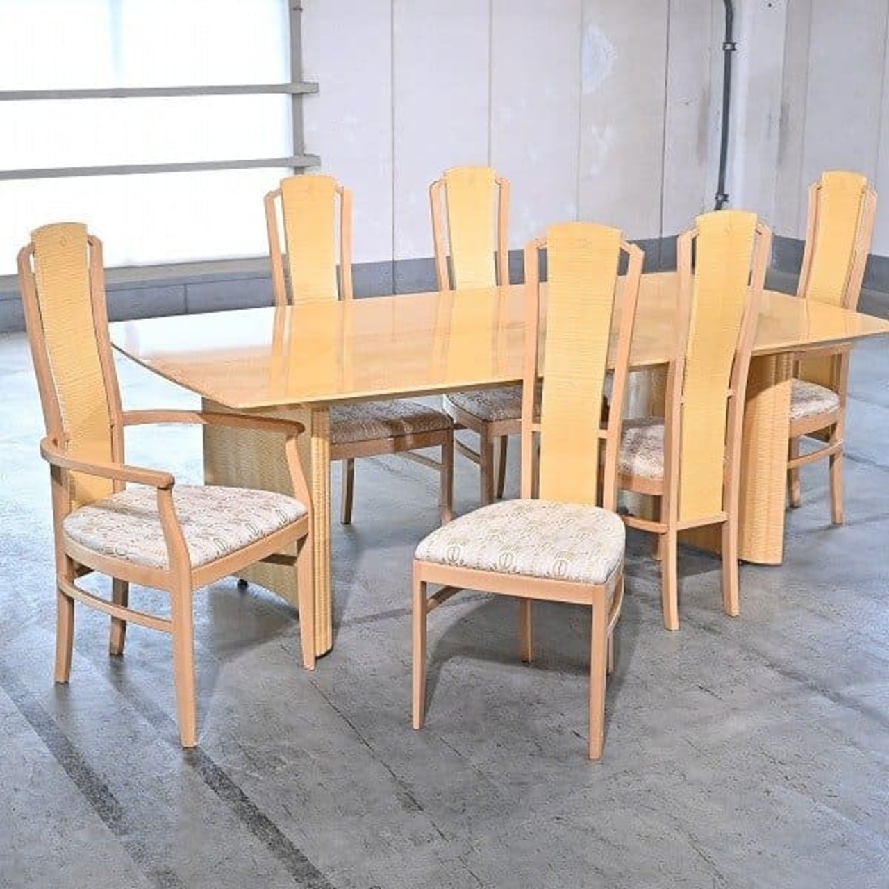 日本 松創 IDC大塚家具 359万 ダイニング7点セット ウィーンチェア テーブル ホワイトシカモア材 リビング グレ－トメ－プル バーズアイ 【 中古家具/中古インテリア/USED家具ユーズド家具/リサイクル】