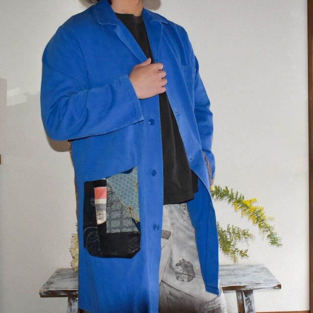 Acote ヨーロッパ ワークコート パッチワーク 着物リメイク ブルー