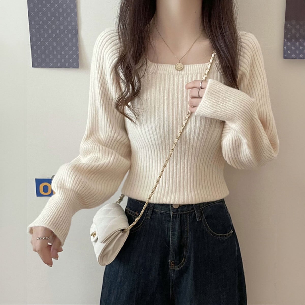 リブニット セーター スクエアネック レディース 秋冬 韓国 きれいめ 大人 かわいい カジュアル おしゃれ ゆったり 暖かい ニット 長袖 ぽわん袖 大人可愛い 大人女子